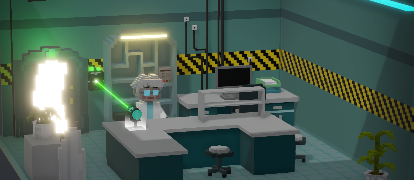 You are in a room in the quantum laboratory together with Prof. Unknown. The puzzle has been solved and the door opens.