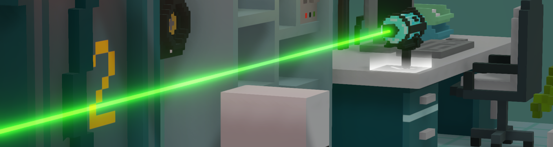 Screenshot aus dem Spiel resQ: Ein grüner Laserstrahl leuchtet durch den Raum.