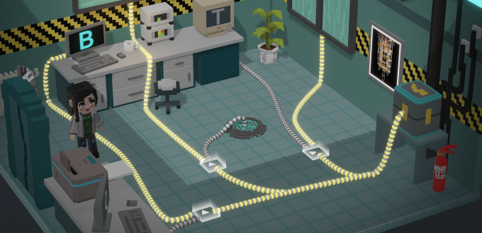 Screenshot aus dem Handyspiel Qookies. Man sieht ein Labor, in dem Schläuche verlaufen, die Teil eines Rätsels sind. Links steht Yuki, unser KI-NPC und rechts hängt ein Bild von einem supraleitenden Quantencomputer an der Wand.