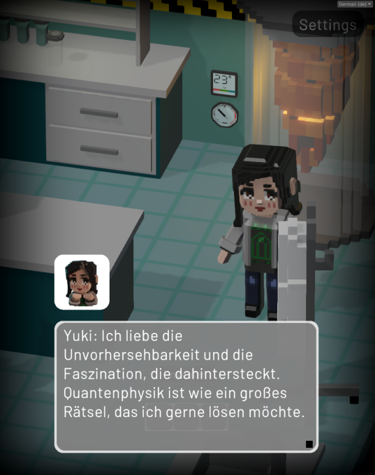 Screenshot aus dem Handyspiel Qookies. Yuki, unser KI-NPC beantwortet die Frage, warum sie Quantenphysik so mag.