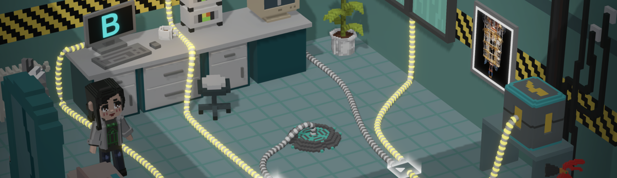 This screenshot from the mobile game QOokies shows one of the rooms in the quantum lab and Yuki, the quantum expert and NPC.