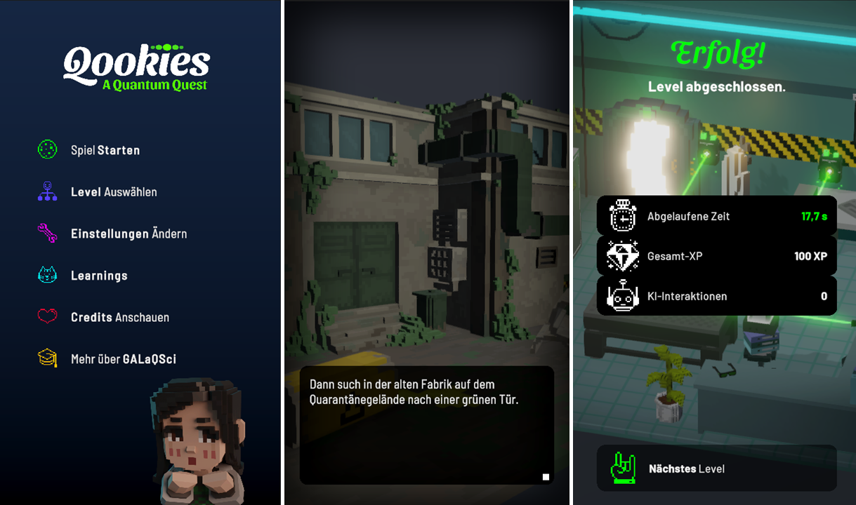 Drei Screenshots aus dem Smartphonespiel Qookies zeigen das Menü, einen Ausschnitt aus dem Intro und den Levelbildschirm nach dem erfolgreichen beenden eines Levels.