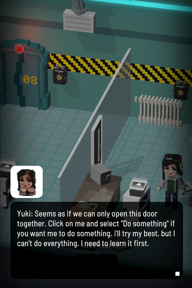 This screenshot of the moblie game Qookies shows Yuki explaining how to work together with her in the lab.