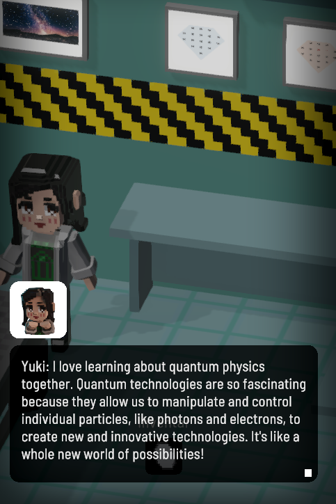 This screenshot from the mobile game Qookies shows Yuki explaining that she likes quantum physics because they open up a whole new world of possibilities.