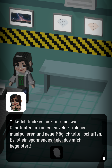 Screenshot aus dem Smartphonespiel Qookies. Yuki, Quantenwissenschaftlerin und NPC im Spiel, erzählt, dass sie Quantentechnologien so mag, weil in diesem spannenden Felde, so viele neue Möglichkeiten geschafften werden.