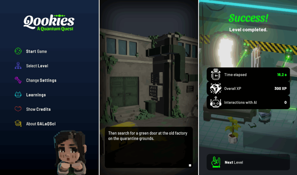Three screenshots of the mobile game Qookies showing the menu screen, a scene from the intro, and the levelscreen after successfully solving a level.
