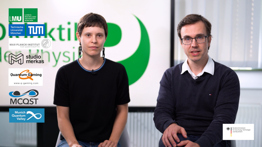 Screenshot from the Qookies video, Stefan Kücheman (right) and Caroline Wermann (left) talking about the game. The project partners are listed on the left being LMU, TUM, Max Planck Institute for quantum optics, Studio Merkas, Quantum Gaming, MCQST, and MQV.
